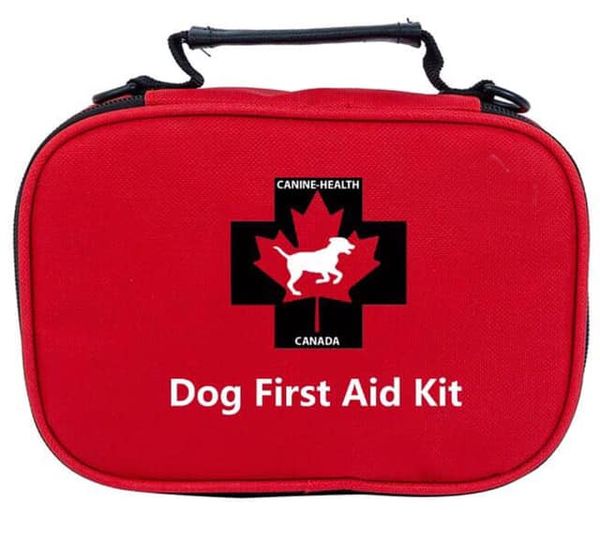 Red first aid kit with white writting and a black and white logo saying 'Canine Health Canada Dog First Aid Kit'.