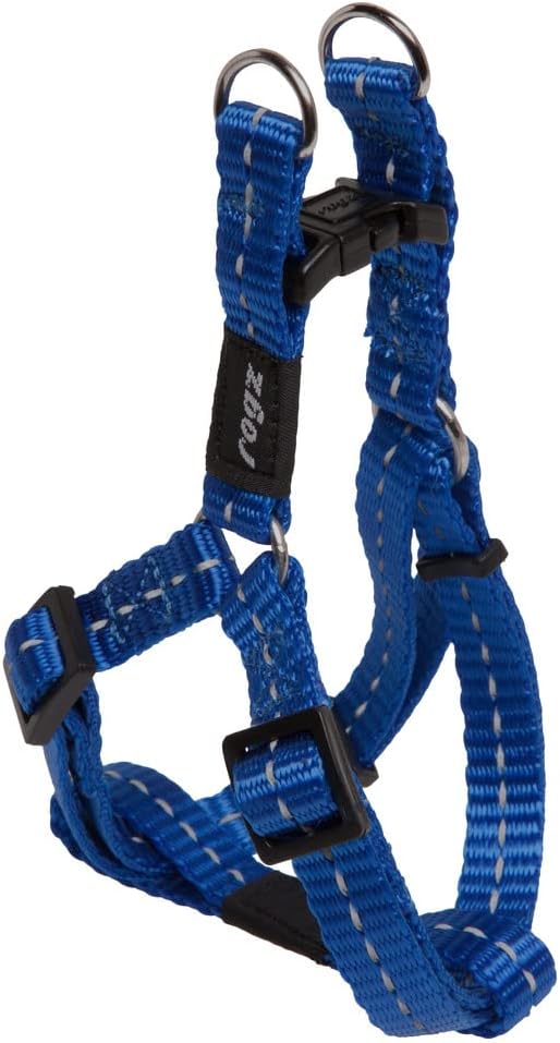 A dark blue, reflective small step-in dog harness.