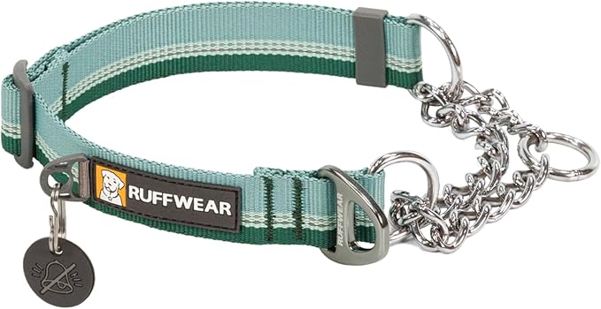 A green ombre Ruffwear brand martingale collar with a silver chain link loop.